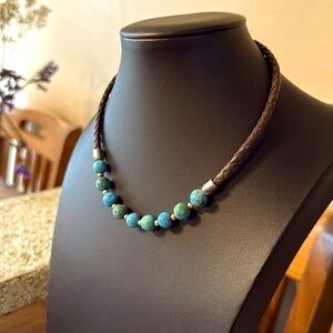 Vintage Dakota West Shube 15 1/2" Sterling Turquoise Brown leather necklace